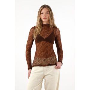 Camiseta manga larga de tela con textura café para mujer
