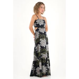 Vestido largo con estampado y cut out en cintura negro para mujer