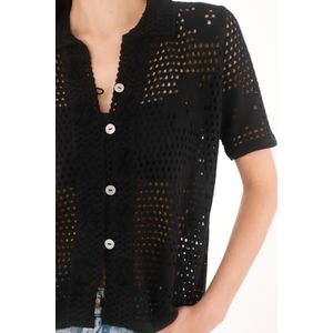 Camisa en tejido abierto con flores negra para mujer