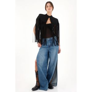 Capa en tela suede con flecos negra para mujer