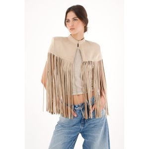 Capa en tela suede con flecos crudo para mujer