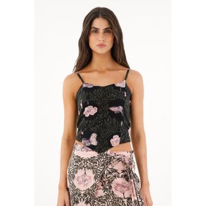 Camisa tipo crop top negra estampada para mujer
