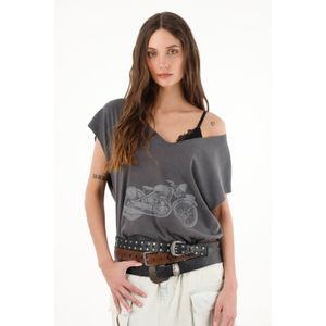 Camiseta gris oversize con estampado de moto para mujer