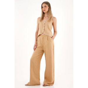 Pantalón Wide leg de tiro alto en 100% lino café para mujer