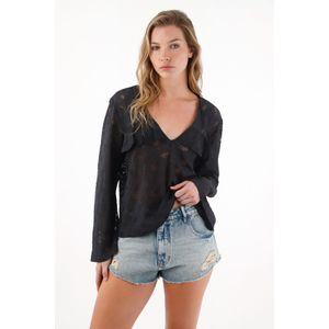 Camisa en encaje con boleros negra para mujer