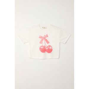 Camiseta básica con estampado de cerezas crudo para niña