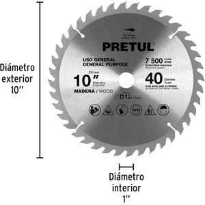 Disco sierra 10" para madera, 40 dientes centro 1"Pretul ST-1040EP