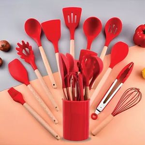 Set 12 Utensilios De Cocina Silicona Resistente Calor Rojo