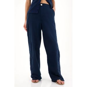 Pantalón Recto con detalles bordados azul para mujer