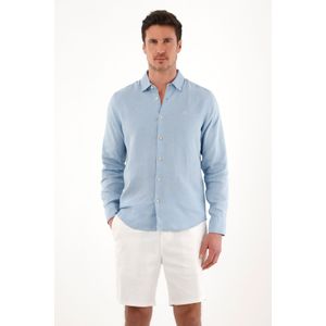 Camisa en 100% lino de manga larga azul para hombre