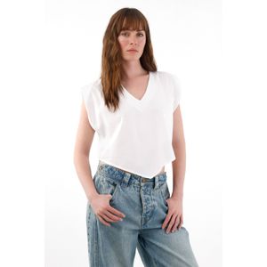 Camisa manga sisa escote en V blanca para mujer