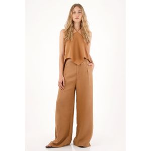 Pantalón Wide Leg en 100% lino café para mujer