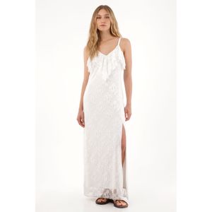 Vestido largo en encaje con escote en V crudo para mujer