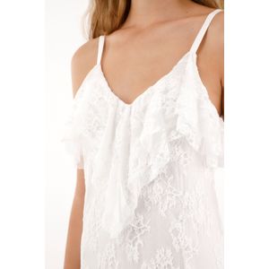Vestido largo en encaje con escote en V crudo para mujer