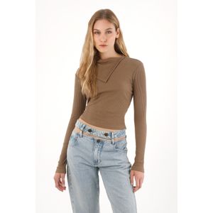 Camiseta en rib manga larga café para mujer