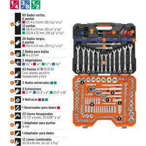 Truper JD-199MP, Juego de autoclé de 199 piezas mixto, 1/4", 3/8" y 1/2"