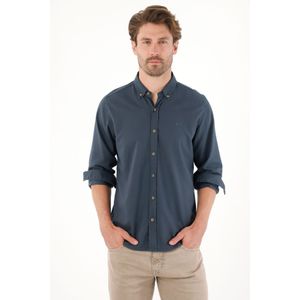 Camisa manga larga con raqueta bordada azul para hombre