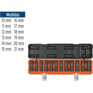 Juego 12 dados largos 1/2" impacto protección plástica 6 puntas mm Truper