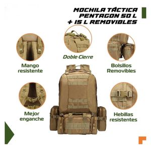 Mochila Táctica Tipo Militar 50 Litros Impermeable Piezas Removibles Arena