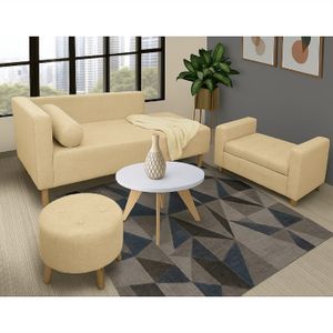 Juego de Sala Sofa (66X163X64) + Puff + Banqueta Baúl + Mesa De Centro (70x160x70) Beige