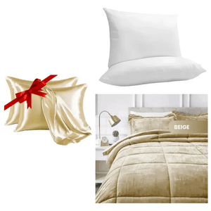 Combo Cubrelecho Beige Térmico Cama Doble + 2 Almohadas Confort + Obsequio Fundas Satín Innovo Home