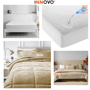 Combo Cubrelecho Térmico Doble Funda Ovejero Beige + Protector De Colchón Antifluido Innovo Home
