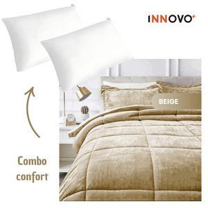 Combo Cubrelecho Térmico Ovejero Doble Funda Beige + 2 Almohadas Confort Siliconada Innovo Home