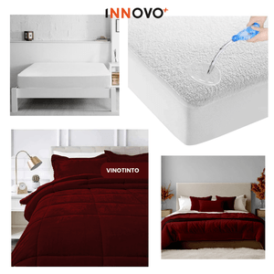 Combo Cubrelecho Térmico Doble Funda Ovejero Vinotinto + Protector De Colchón Antifluido Innovo Home
