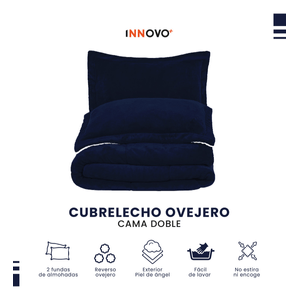 Combo Cubrelecho Térmico Doble Funda Ovejero Azul Oscuro + Protector De Colchón Antifluido Innovo Home