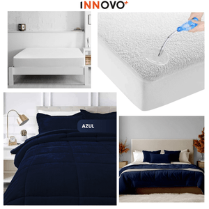 Combo Cubrelecho Térmico Doble Funda Ovejero Azul Oscuro + Protector De Colchón Antifluido Innovo Home