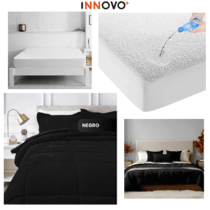 Combo Cubrelecho Térmico Doble Funda Ovejero Negro + Protector De Colchón Antifluido Innovo Home