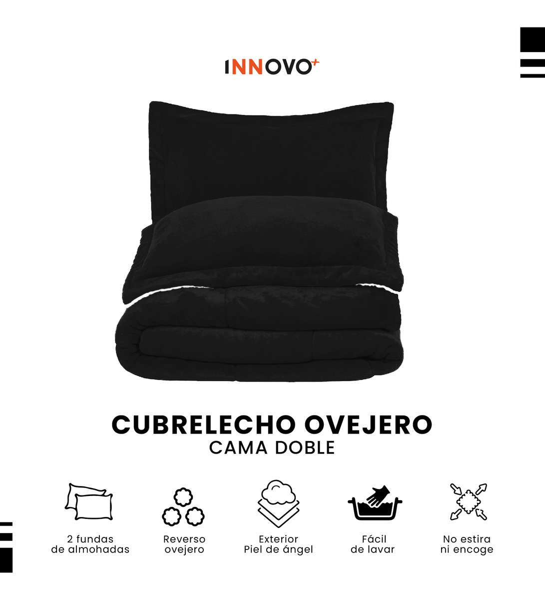 Combo Cubrelecho Térmico Ovejero Doble Funda Negro Almohadas