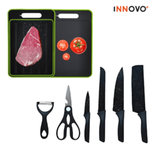 Combo Set Cuchillos Negros + Tabla De Picar Descongelar Carne Innovo Home