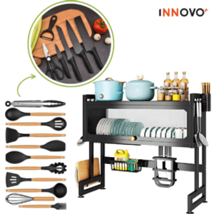 Combo Escurridor Puerta + Set Utensilios X12 + Set X6 Cuchillos Negros Innovo Home
