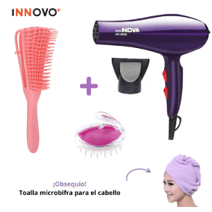 Combo Secador Bopai 5500 + Cepillo Rizador Crespos + Cepillo Masajeador + Obsequio Toalla Microfibra Innovo