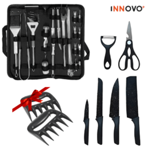 Combo Utensilios Asado X29 Piezas + Set X6 Cuchillos Negros + Obsequio 2 Garras De Oso Innovo Bbq