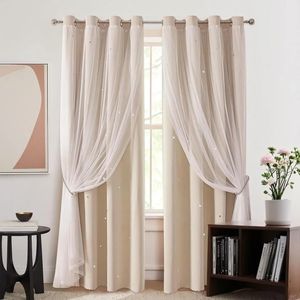 Cortinas Blackout Con Estrellas Y Velo Set 2 Piezas Beige