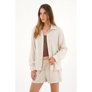 Camisa manga larga de tela con textura gris para mujer