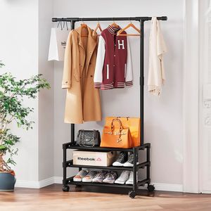 Perchero Organizador P-2 Tipo Closet 3 en 1 con Banco y Ruedas, Negro, Ideal para Espacios Reducidos