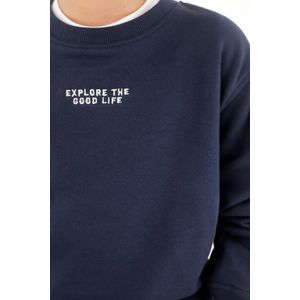 Buzo con bordado frontal y estampado en espalda azul para niño
