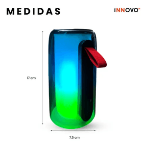 Parlante Bluetooth Ipx7 Portátil Mp3 Fm USB Sonido Claro Alta Potencia Luces Led Multicolor Ambiente Innovo Bts