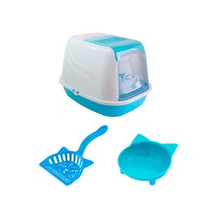 Combo Mupy Iglú Arenera Iglú, Pala, Comedero Azul Cara de Gato