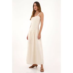 Vestido largo tipo lino con tela tejida crudo para mujer