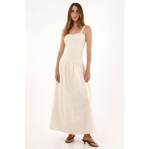 Vestido largo tipo lino con tela tejida crudo para mujer
