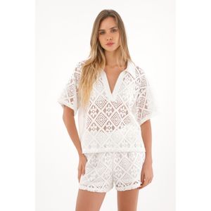 Camisa manga corta en tela tejida crudo para mujer