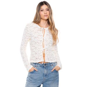 Camiseta Manga Larga En Encaje Y Anudada En Frente
