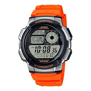 Reloj Casio AE-1000W-4BV – Digital World Time, Luz LED Ámbar, 100?m, Batería 10?Años, Correa Naranja