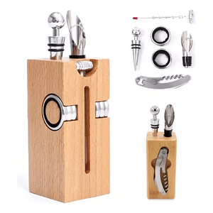 Kit Descorchador De Vino Sacacorchos 7 En 1 Metálico Madera Lujo Con Accesorios Innovo