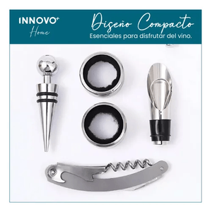 Kit Descorchador De Vino Sacacorchos 7 En 1 Metálico Madera Lujo Con Accesorios Innovo