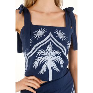Camisa crop con diseño de palmeras azul para mujer